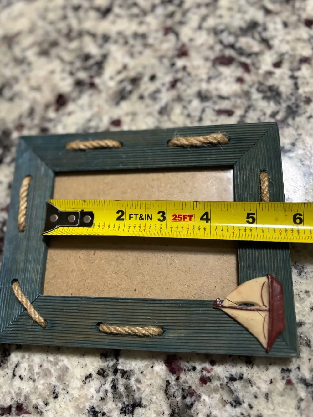 Nautical Rope Accent Picture Frame Blue Green Weathered Wood Sail Boat 6” x 7”